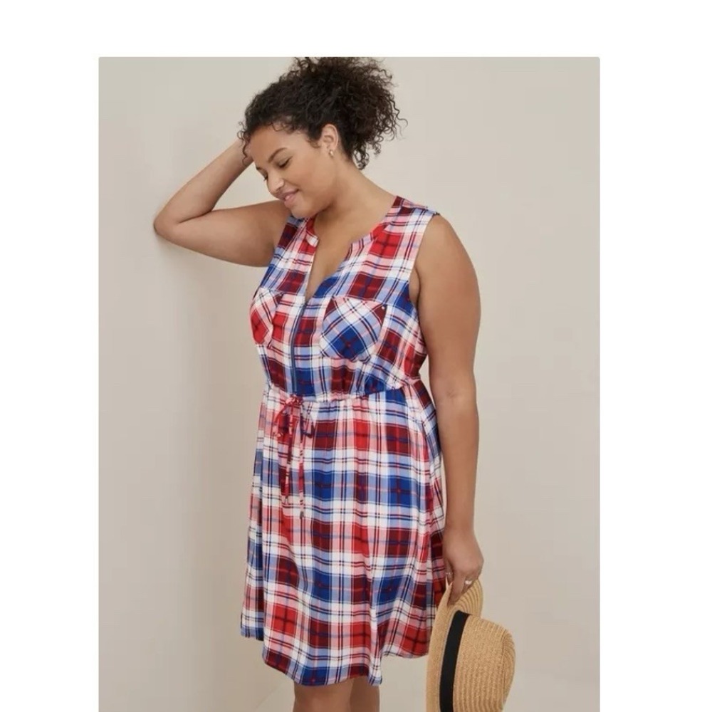 Torrid Red White Blue Woven Challis Zip Front Sleeveless Shirt Dress Size 2X‎